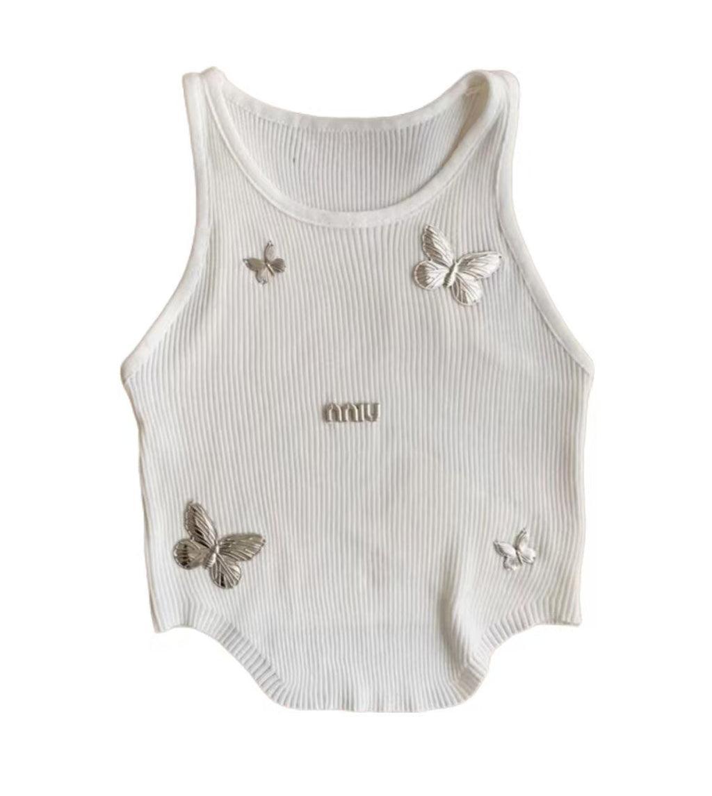 Miu Butterfly Embroidered Ribbed Tank Top