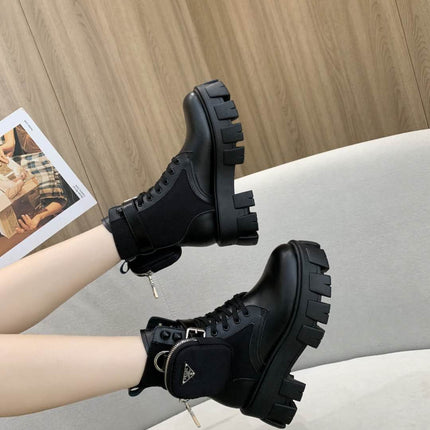 PRADA 26S HIGH TOP MONOLITH SHOES IN BLACK CALFSKIN AND FABRIC WITH POUCH