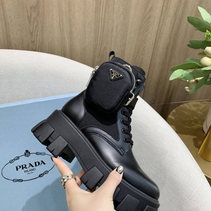 PRADA 26S HIGH TOP MONOLITH SHOES IN BLACK CALFSKIN AND FABRIC WITH POUCH