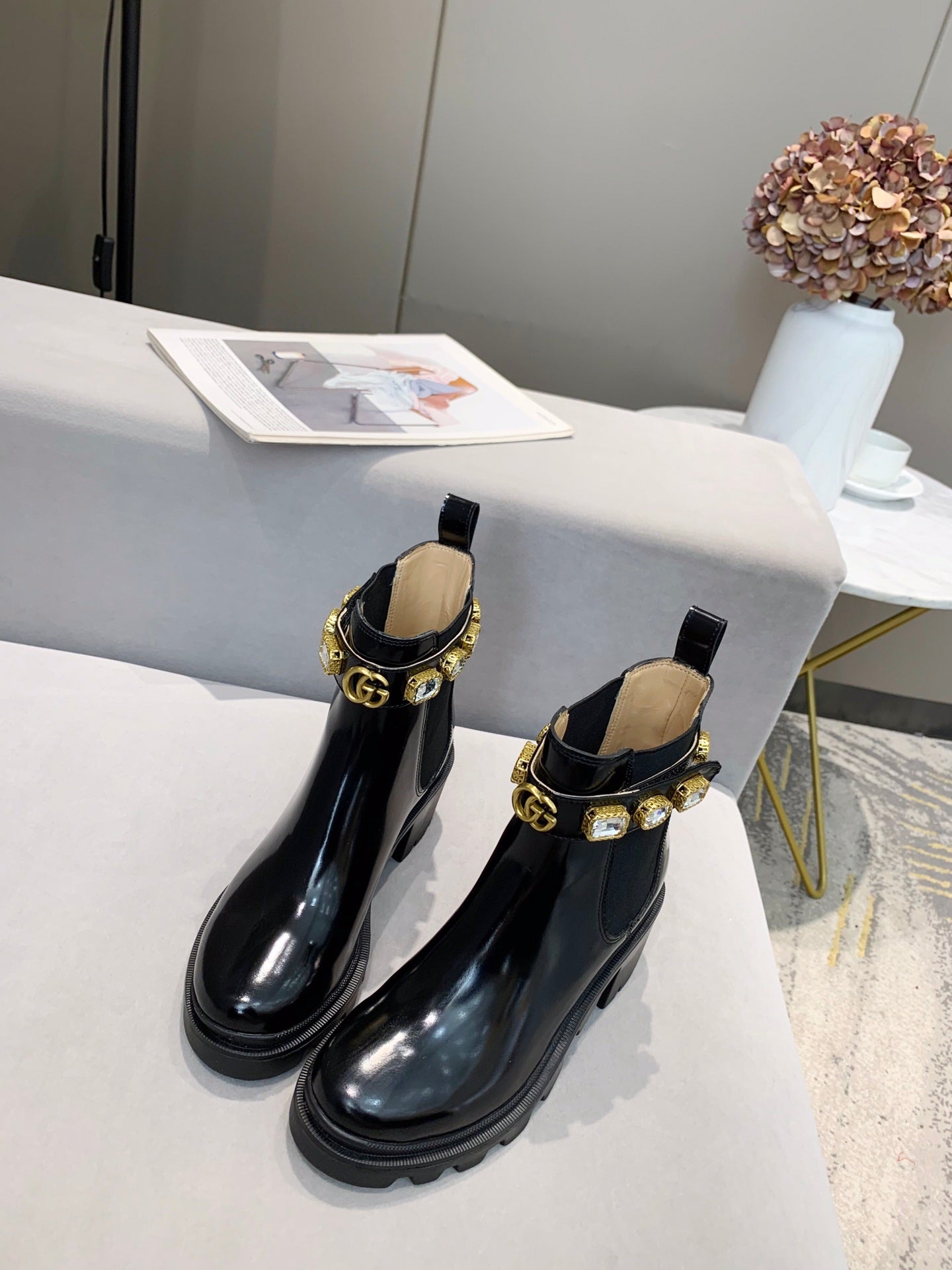 GG CRYSTAL ANKLE BOOTS IN BLACK CALFSKIN GHW