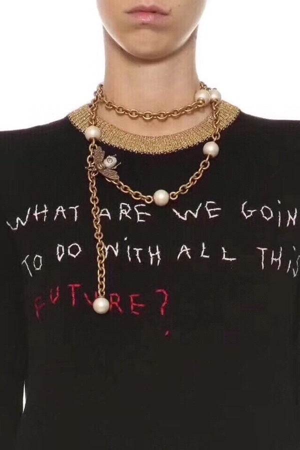 GUCCI 26S BEE CHARM PEARL STATION CHAIN NECKLACE IN AGED GOLD TONE METAL 633889