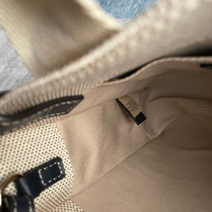 SMALL STRAP WOODY TOTE BAG 26.5 IN BEIGE LINEN CANVAS BLACK WEBBING LOGO EMBROIDER BLACK CALFSKIN