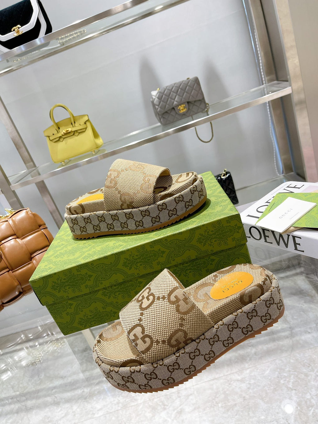 LV MONOGRAM THICK PLATFORM SANDALS IN BEIGE CANVAS