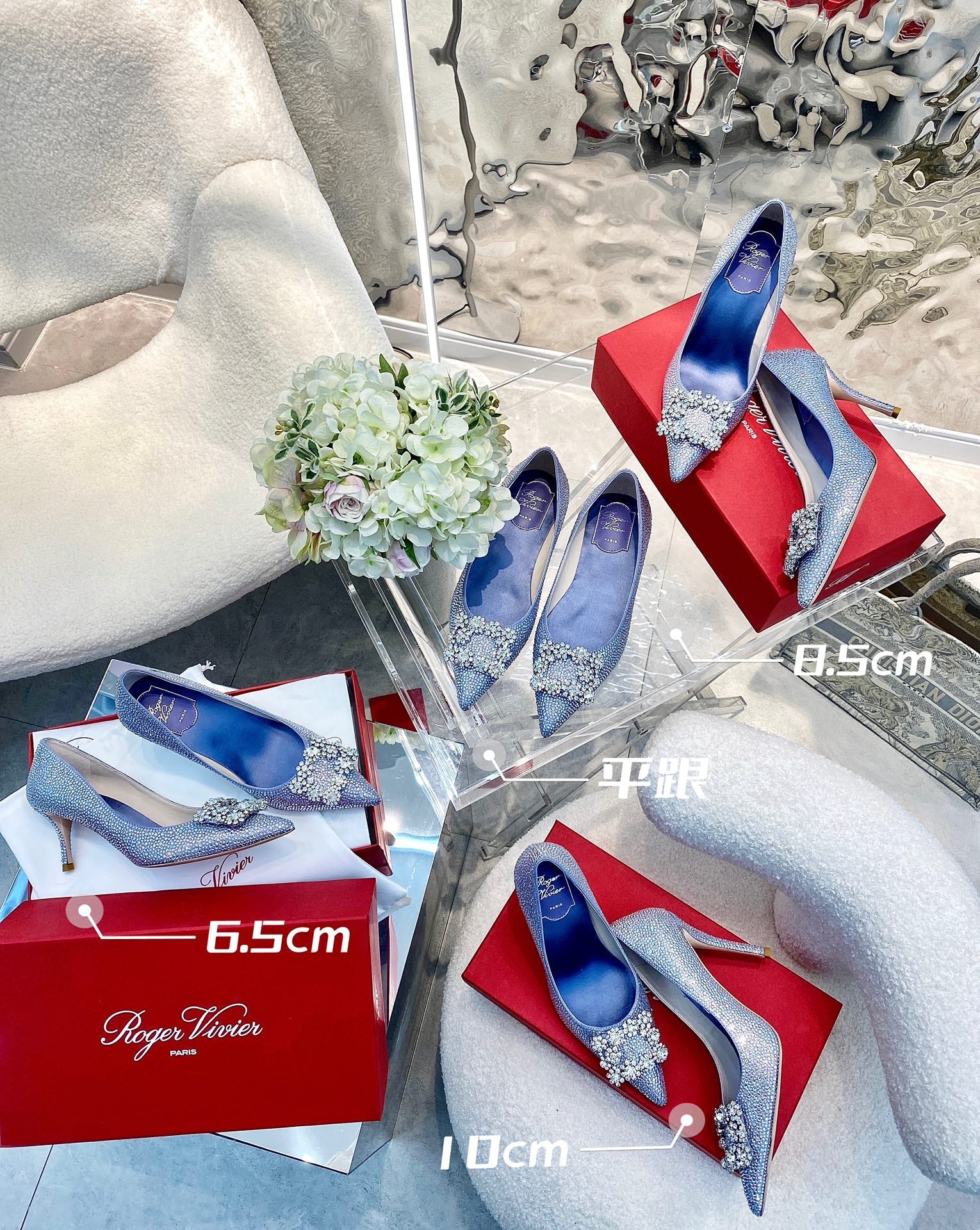 EFFLORESCENCE BALLERINAS IN BLUE CALFSKIN WITH FULLY EMBELLISHED CRYSTALS