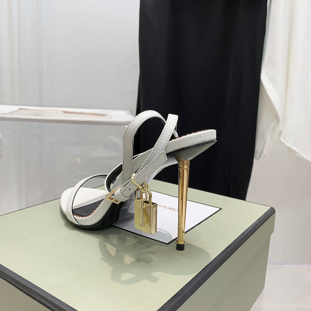 PADLOCK HIGH HEEL 10 CM SANDAL IN WHITE SHEEPSKIN
