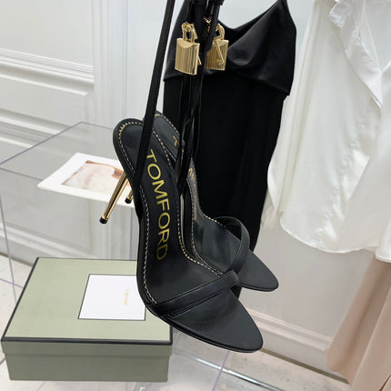 PADLOCK HIGH HEEL 10 CM SANDAL IN BLACK SHEEPSKIN
