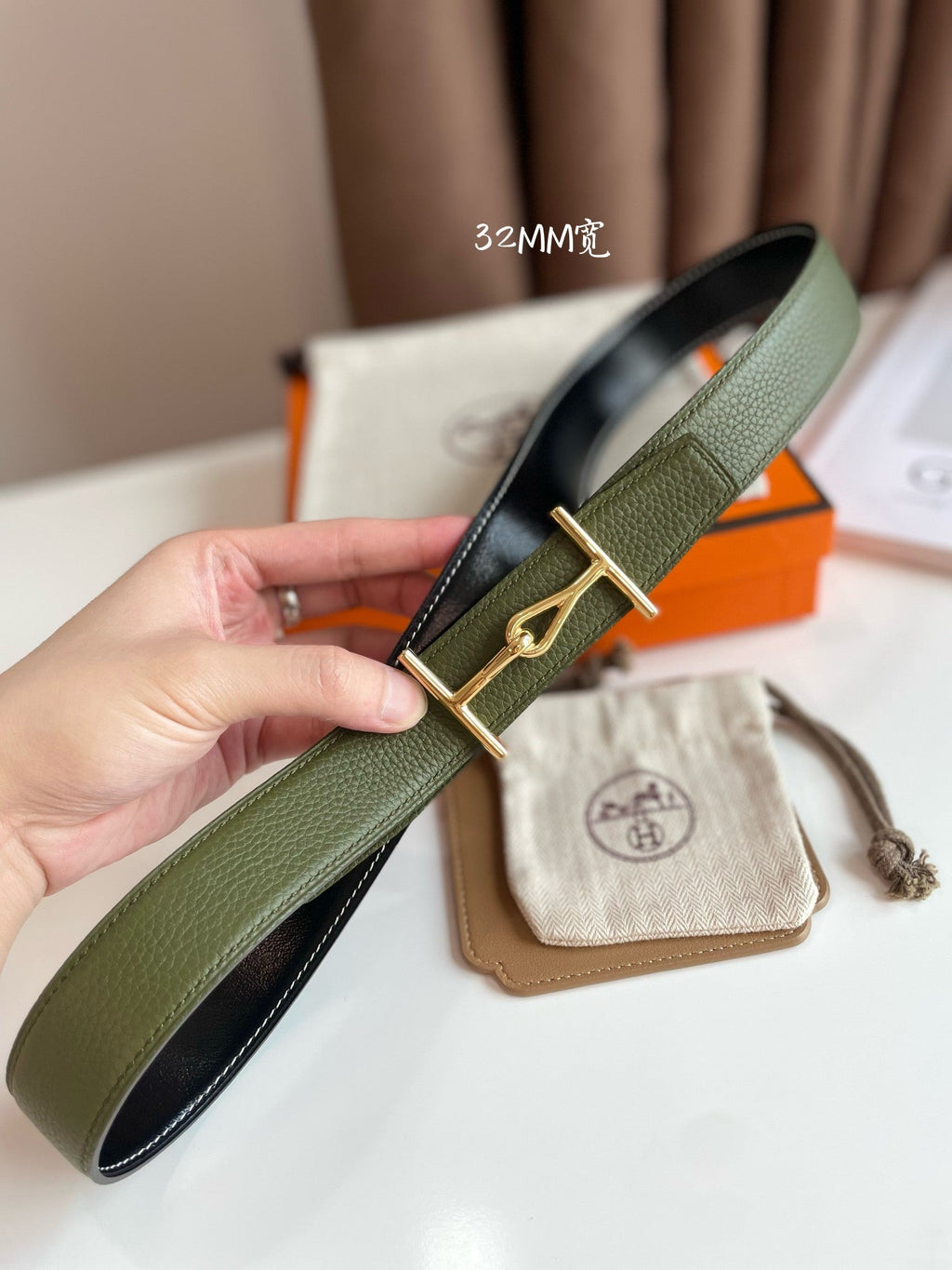 JUMBO BELT GOLD BUCKLE & REVERSIBLE OLIVE GREEN AND BLACK LEATHER STRAP 32MM