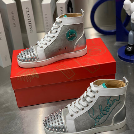 EMBROIDERED LOU SPIKES HIGH-TOP SNEAKERS IN GREY SUEDE MIX CALFSKIN