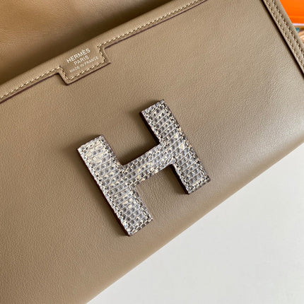 JIGE ELAN 29 CLUTCH IN CHOCOLATE BROWN CALFSKIN WITH WHTE LIZARD SKIN