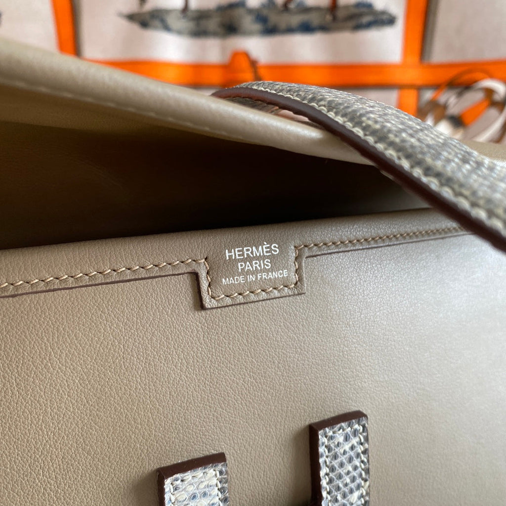 JIGE ELAN 29 CLUTCH IN CHOCOLATE BROWN CALFSKIN WITH WHTE LIZARD SKIN
