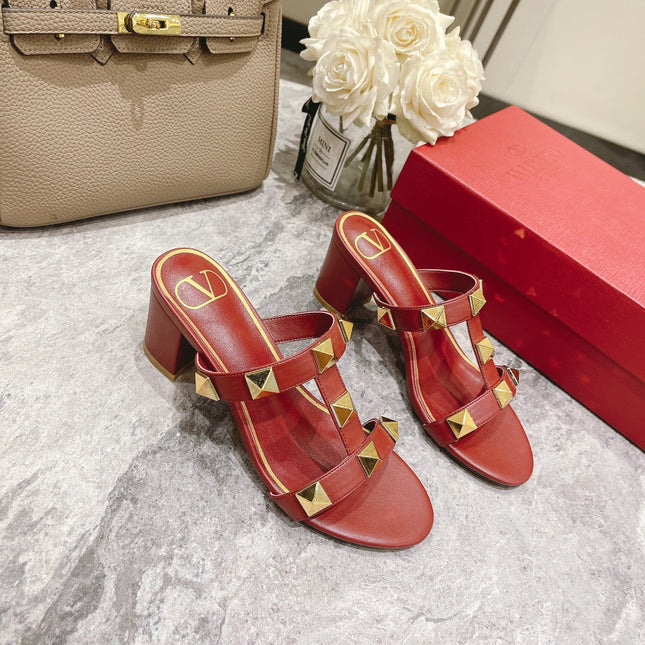ROMAN STUD CHERRY RED CALFSKIN SLIDE SANDAL 60 MM