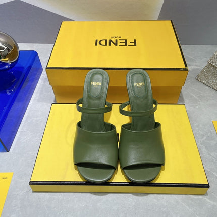 FENDI FIRST 95 MM HIGH-HEELED SANDAL IN OLIVE GREEN LAMBSKIN GOLD HARDWARE