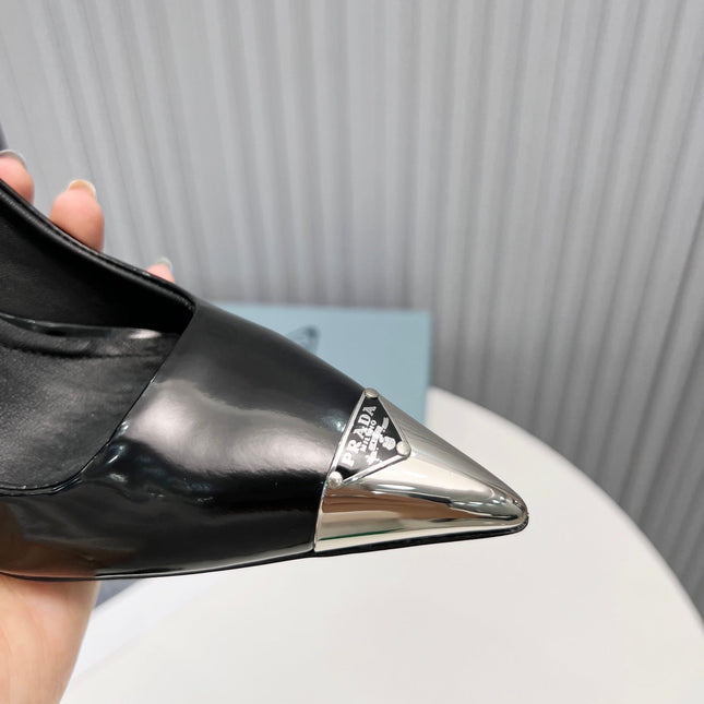 PRADA 26S PUMPS STILETTO HEEL 95MM IN BLACK METAL TIP CALFSKIN