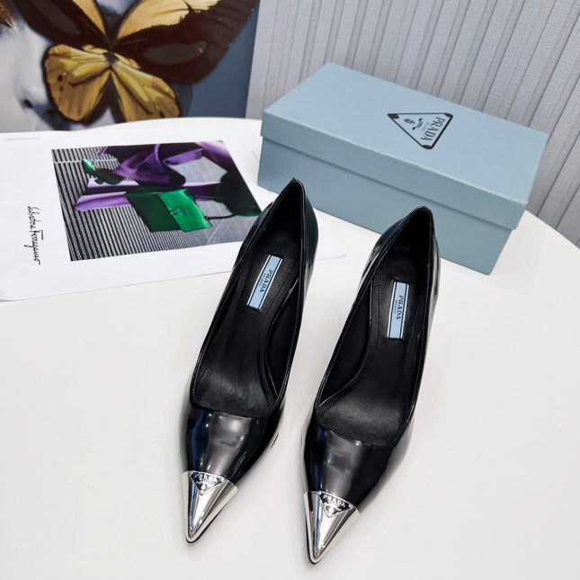 PRADA 26S PUMPS STILETTO HEEL 95MM IN BLACK METAL TIP CALFSKIN