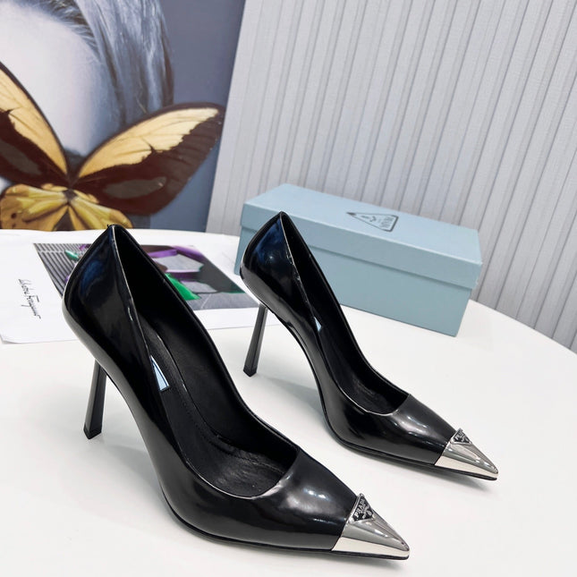 PRADA 26S PUMPS STILETTO HEEL 95MM IN BLACK METAL TIP CALFSKIN