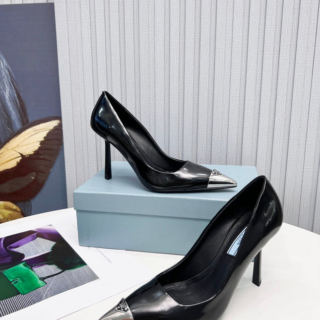 PRADA 26S PUMPS STILETTO HEEL 95MM IN BLACK METAL TIP CALFSKIN