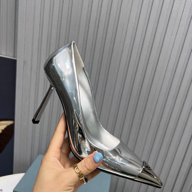 PRADA 26S PUMPS STILETTO HEEL 95MM IN SILVER METAL TIP CALFSKIN