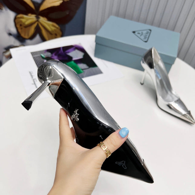 PRADA 26S PUMPS STILETTO HEEL 95MM IN SILVER METAL TIP CALFSKIN