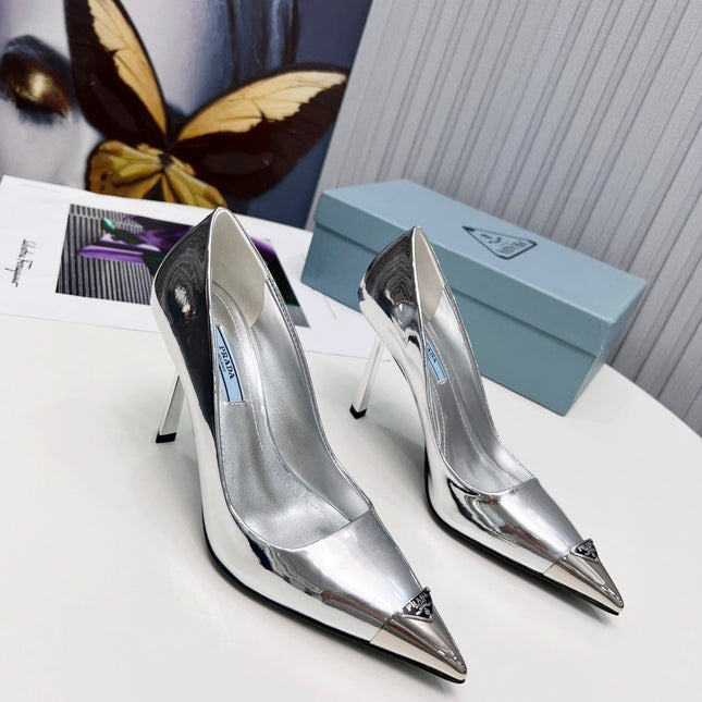 PRADA 26S PUMPS STILETTO HEEL 95MM IN SILVER METAL TIP CALFSKIN