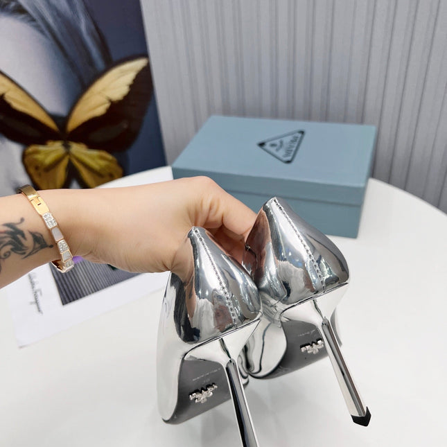 PRADA 26S PUMPS STILETTO HEEL 95MM IN SILVER METAL TIP CALFSKIN