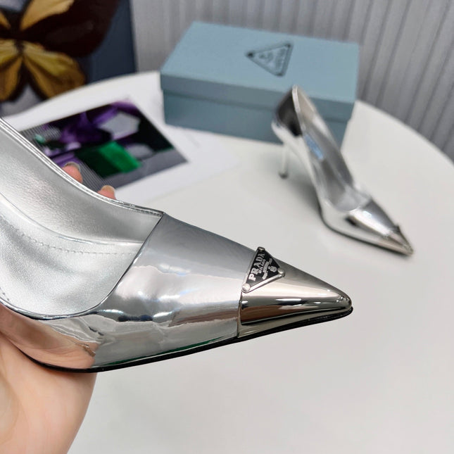 PRADA 26S PUMPS STILETTO HEEL 95MM IN SILVER METAL TIP CALFSKIN