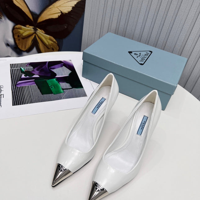 PRADA 26S PUMPS STILETTO HEEL 95MM IN WHITE METAL TIP CALFSKIN