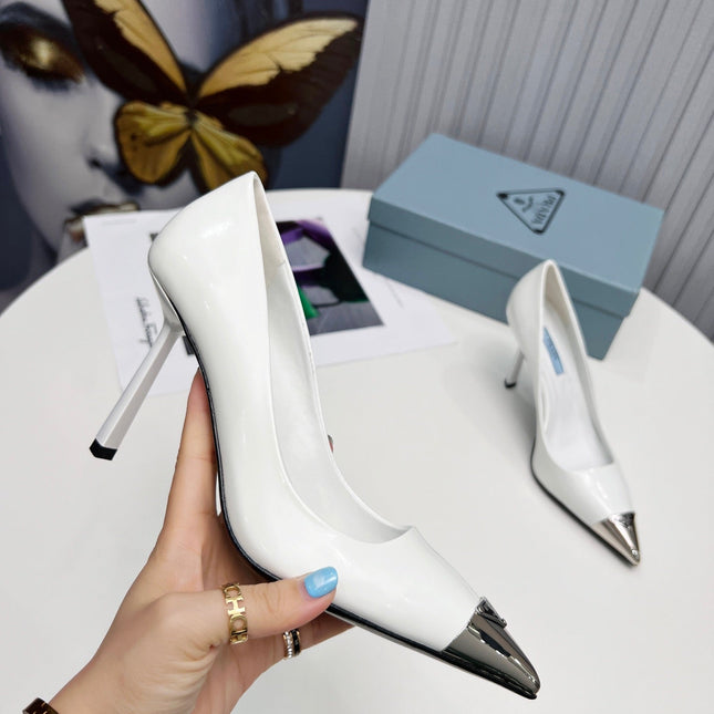 PRADA 26S PUMPS STILETTO HEEL 95MM IN WHITE METAL TIP CALFSKIN
