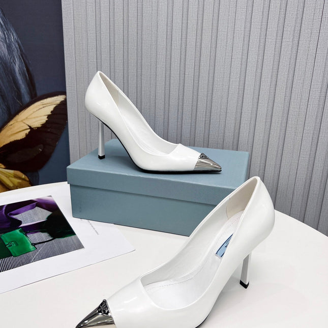 PRADA 26S PUMPS STILETTO HEEL 95MM IN WHITE METAL TIP CALFSKIN