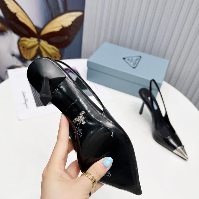 PRADA 26S SLINGBACK HEELS 95MM IN BLACK METAL TIP CALFSKIN