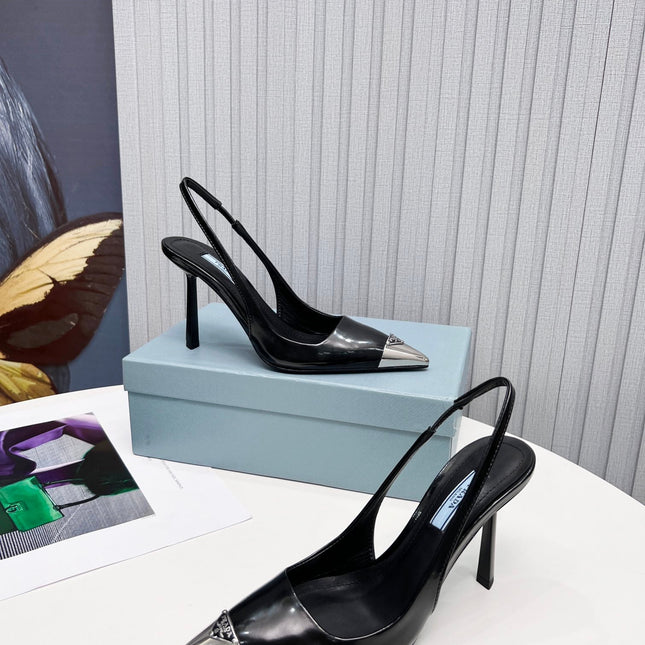 PRADA 26S SLINGBACK HEELS 95MM IN BLACK METAL TIP CALFSKIN
