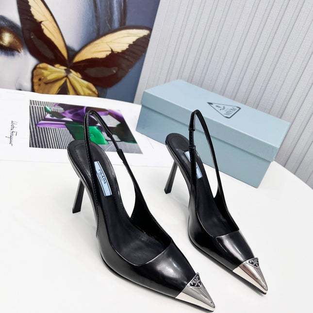 PRADA 26S SLINGBACK HEELS 95MM IN BLACK METAL TIP CALFSKIN