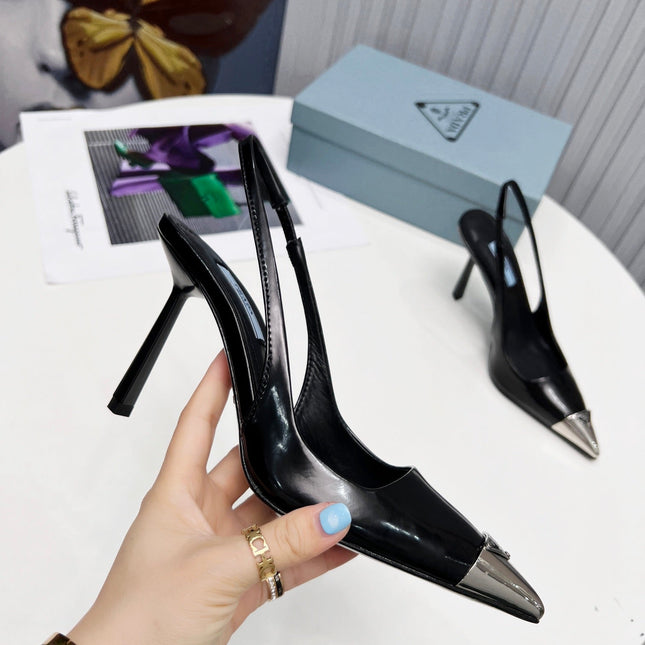 PRADA 26S SLINGBACK HEELS 95MM IN BLACK METAL TIP CALFSKIN