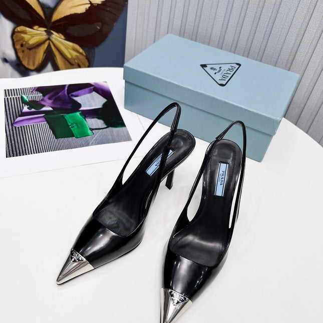 PRADA 26S SLINGBACK HEELS 95MM IN BLACK METAL TIP CALFSKIN