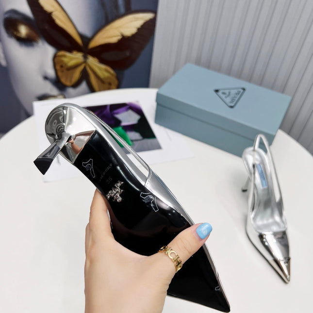 PRADA 26S SLINGBACK HEELS 95MM IN SILVER METAL TIP CALFSKIN