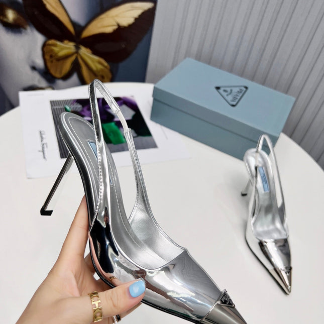 PRADA 26S SLINGBACK HEELS 95MM IN SILVER METAL TIP CALFSKIN