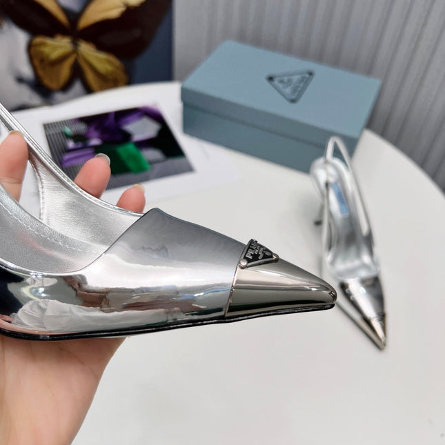 PRADA 26S SLINGBACK HEELS 95MM IN SILVER METAL TIP CALFSKIN