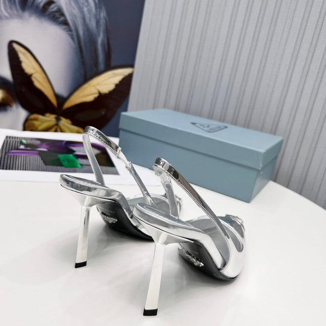 PRADA 26S SLINGBACK HEELS 95MM IN SILVER METAL TIP CALFSKIN