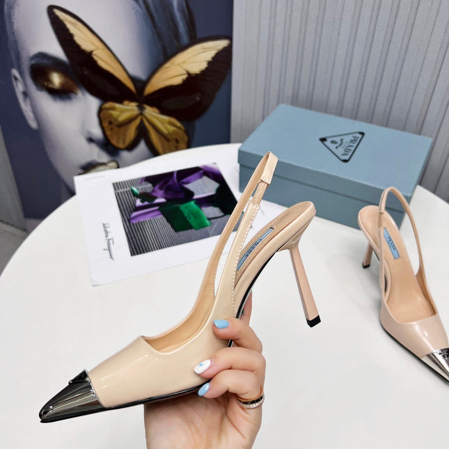 PRADA 26S SLINGBACK HEELS 95MM IN NUDE BEIGE METAL TIP CALFSKIN