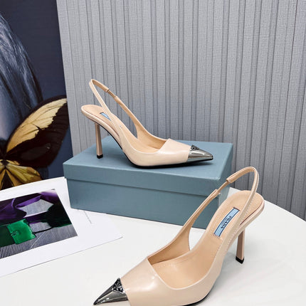 PRADA 26S SLINGBACK HEELS 95MM IN NUDE BEIGE METAL TIP CALFSKIN