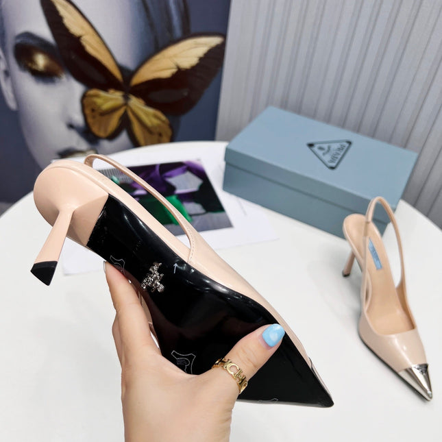 PRADA 26S SLINGBACK HEELS 95MM IN NUDE BEIGE METAL TIP CALFSKIN