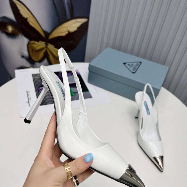 PRADA 26S SLINGBACK HEELS 95MM IN WHITE METAL TIP CALFSKIN