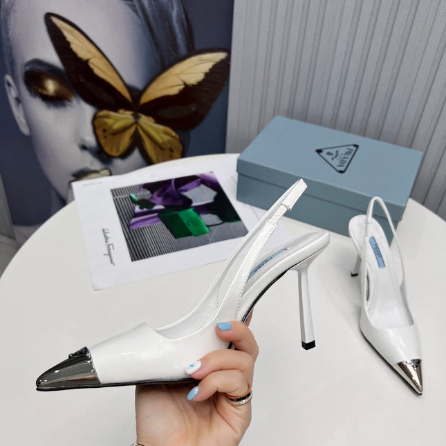 PRADA 26S SLINGBACK HEELS 95MM IN WHITE METAL TIP CALFSKIN