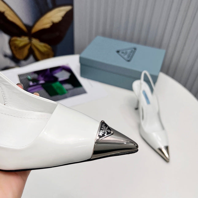 PRADA 26S SLINGBACK HEELS 95MM IN WHITE METAL TIP CALFSKIN