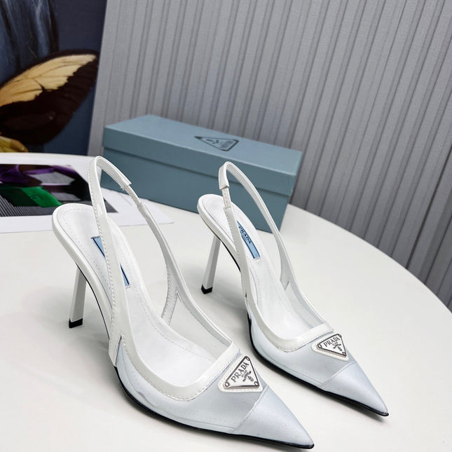 PRADA 26S SLINGBACK PUMPS STILETTO HEEL 95MM IN WHITE MESH WITH LOGO