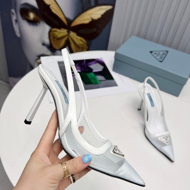PRADA 26S SLINGBACK PUMPS STILETTO HEEL 95MM IN WHITE MESH WITH LOGO