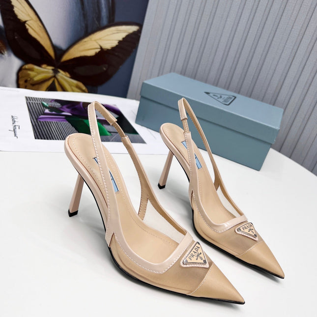PRADA 26S SLINGBACK PUMPS STILETTO HEEL 95MM IN NUDE BEIGE MESH WITH LOGO