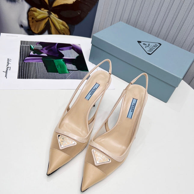 PRADA 26S SLINGBACK PUMPS STILETTO HEEL 95MM IN NUDE BEIGE MESH WITH LOGO