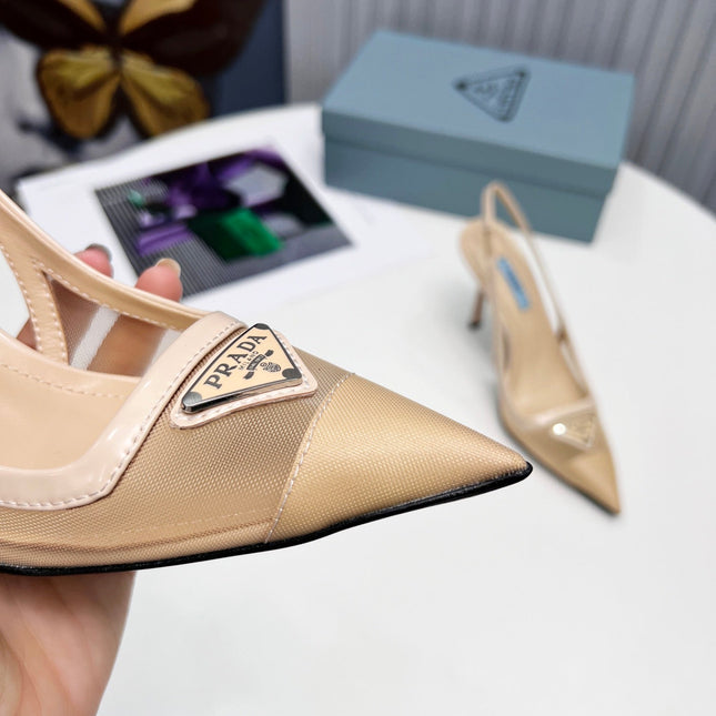 PRADA 26S SLINGBACK PUMPS STILETTO HEEL 95MM IN NUDE BEIGE MESH WITH LOGO