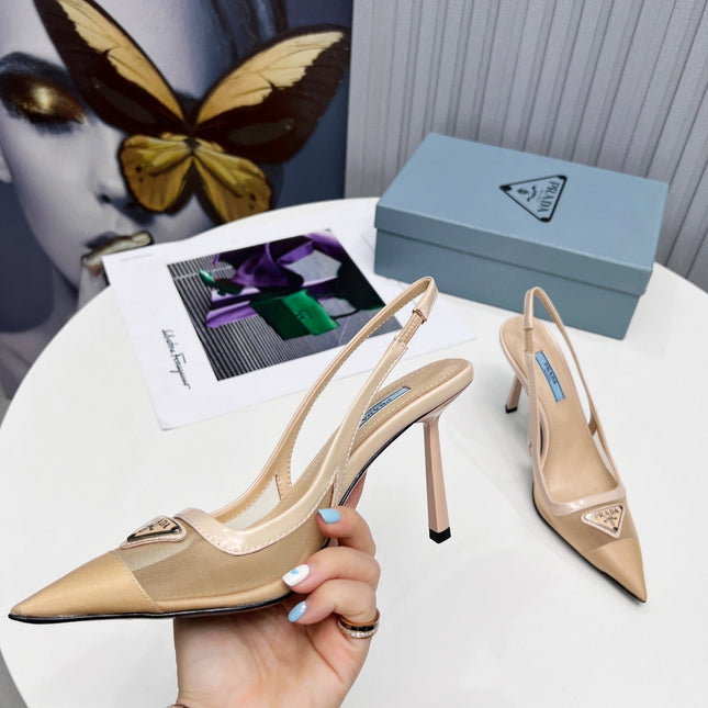 PRADA 26S SLINGBACK PUMPS STILETTO HEEL 95MM IN NUDE BEIGE MESH WITH LOGO