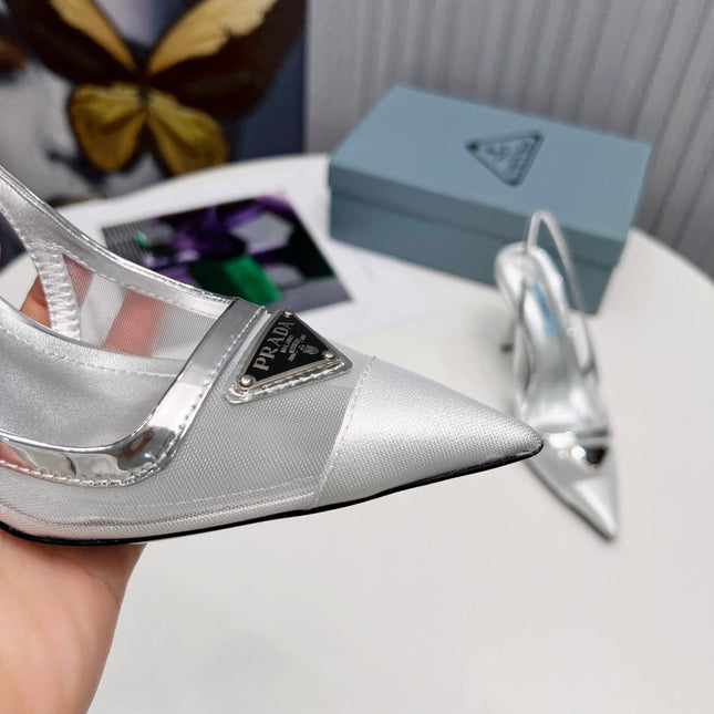 PRADA 26S SLINGBACK PUMPS STILETTO HEEL 95MM IN SILVER MESH WITH LOGO